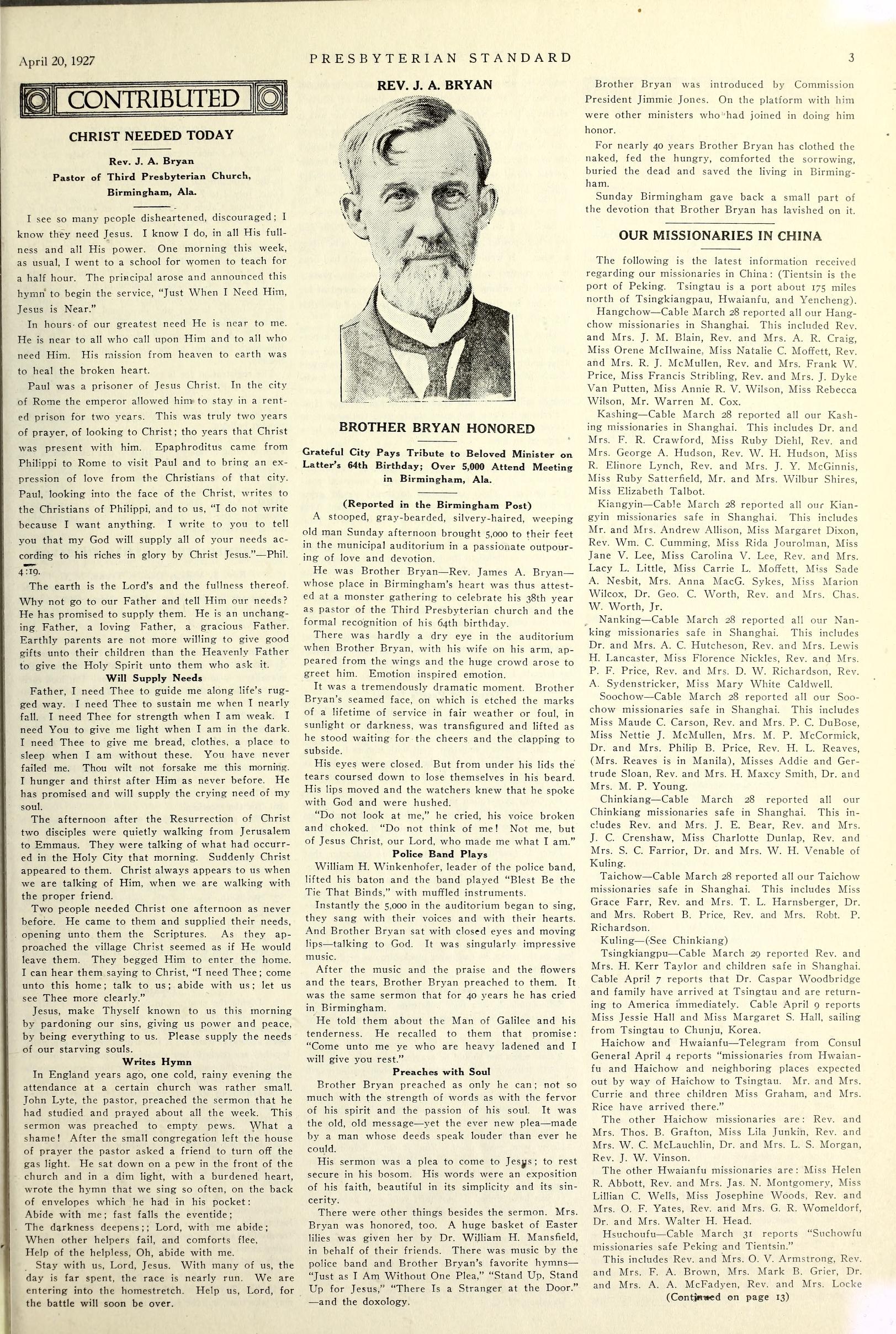 Christ Needed Today sermon by J.A. Bryan with article